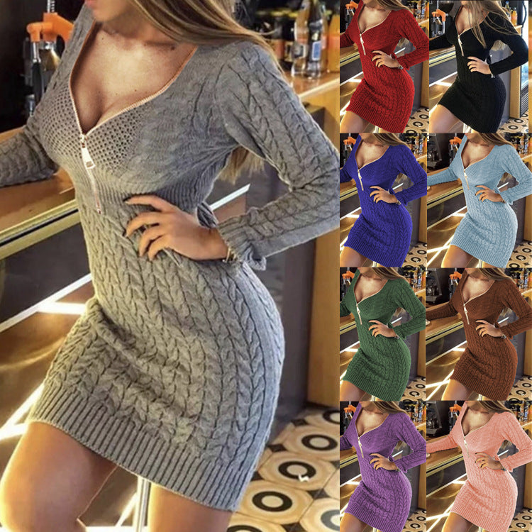 Damen Strickkleid Reißverschluss Zopfmuster Eveloria - Eveloria