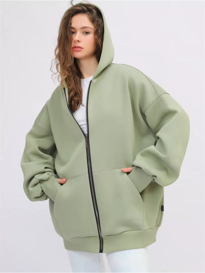 Damen Oversized Kapuzenjacke Hoch Bündchen Reißverschluss Eveloria