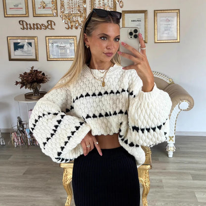 Damen Strickpullover Weite Ärmel Grafisches Muster Eveloria