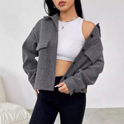 Damen Oversized Jacke Lässig Mit Taschen Button Down Verschluss