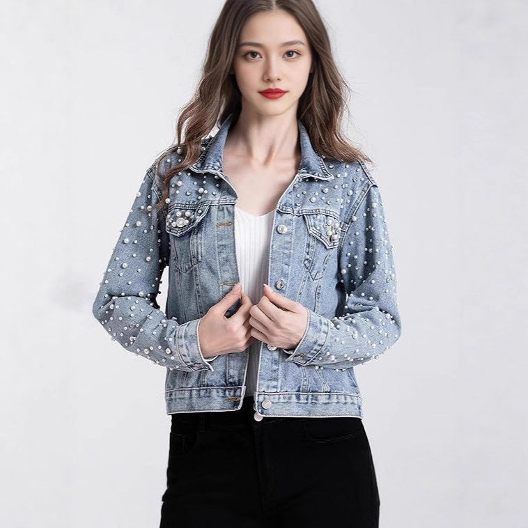 Damen Denimjacke Perlenverzierungen Blau Eveloria