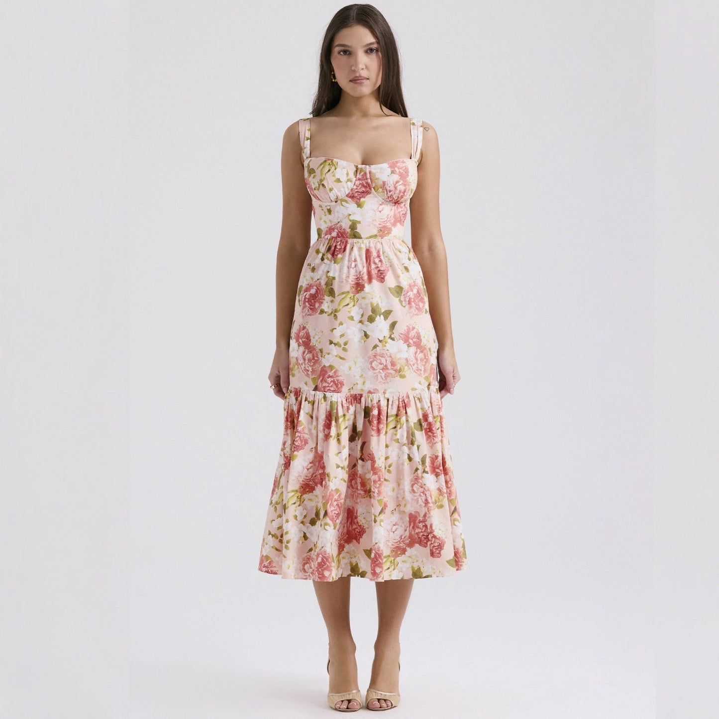 Damen Maxikleid Floral Muster Tailliert