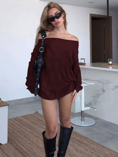 Damen Off-Shoulder Bluse Lockere Passform Knötchen-Detail Eveloria