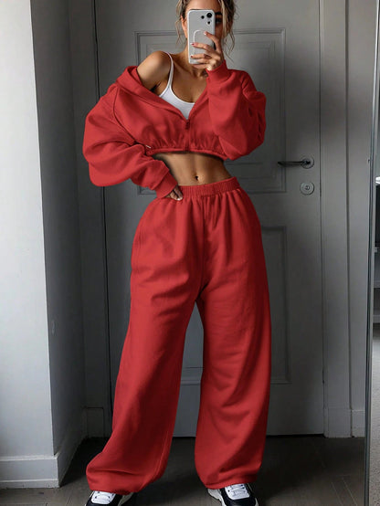 Damen Sweatshirt Set Cropped mit weiter Jogginghose Grau
