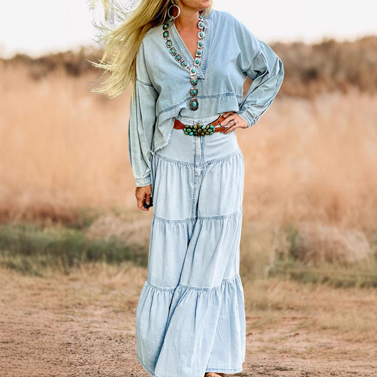 Damen Maxikleid Lässig Voluminöse Rüschen Eveloria