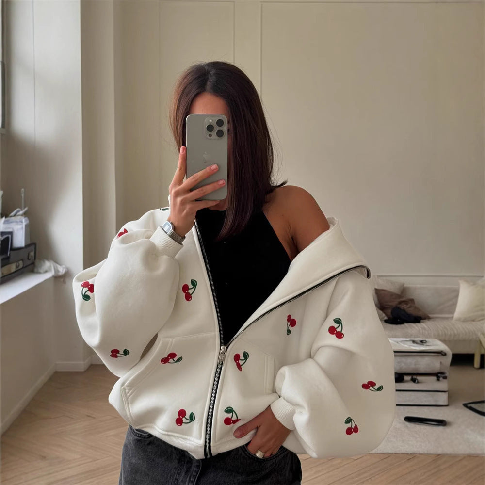 Damen Hoodie Kirschmuster Kapuze Frisch