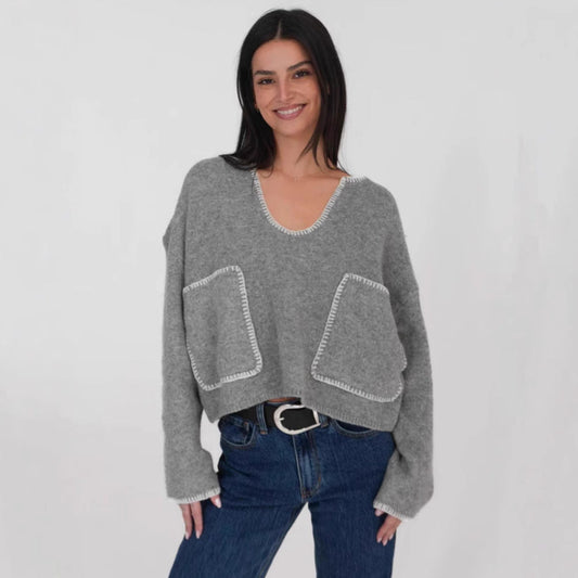 Damen Cropped Pullover Asymmetrisch mit Taschen Eveloria - Eveloria