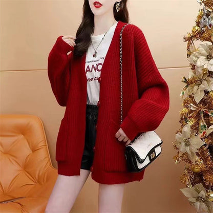 Damen Strickjacke V-Ausschnitt Kuschelig Mit Taschen Grau