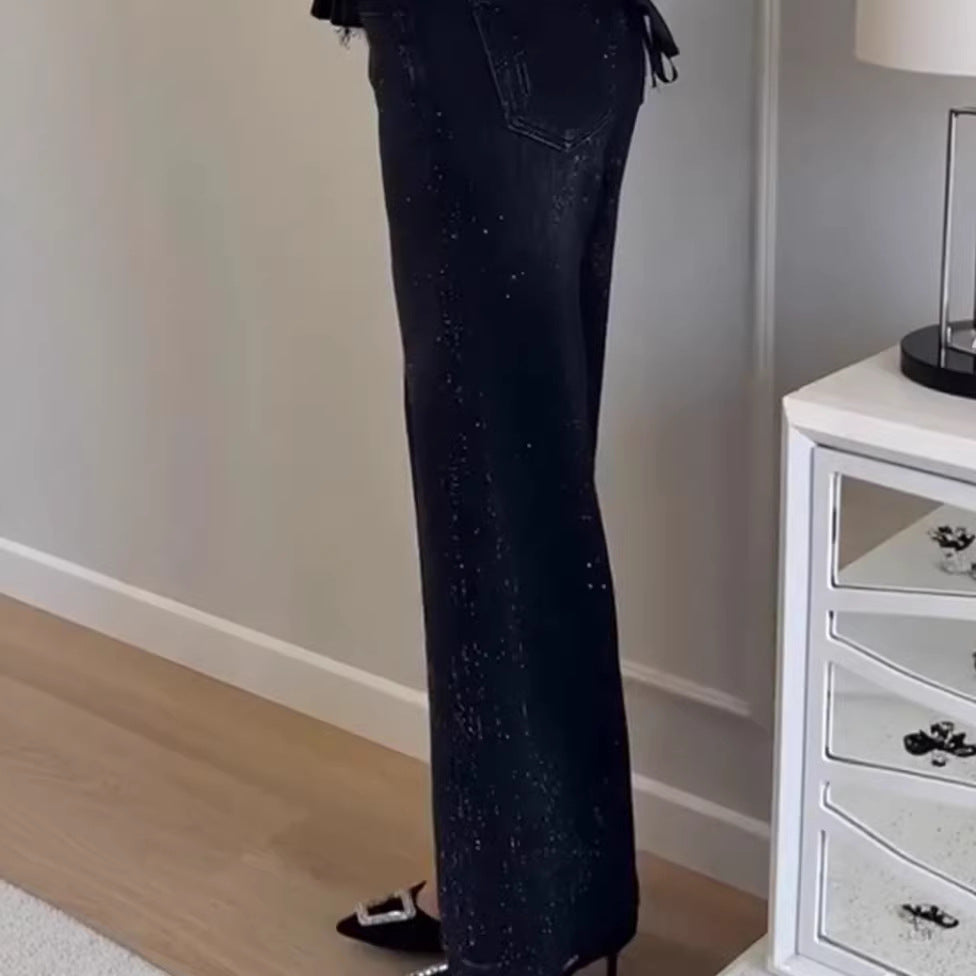 Damen Glitzer Jeans Weit Geschnitten Elegant Blau