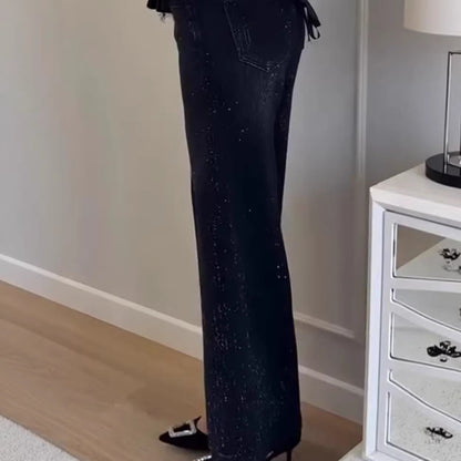 Damen Glitzer Jeans Weit Geschnitten Elegant Blau