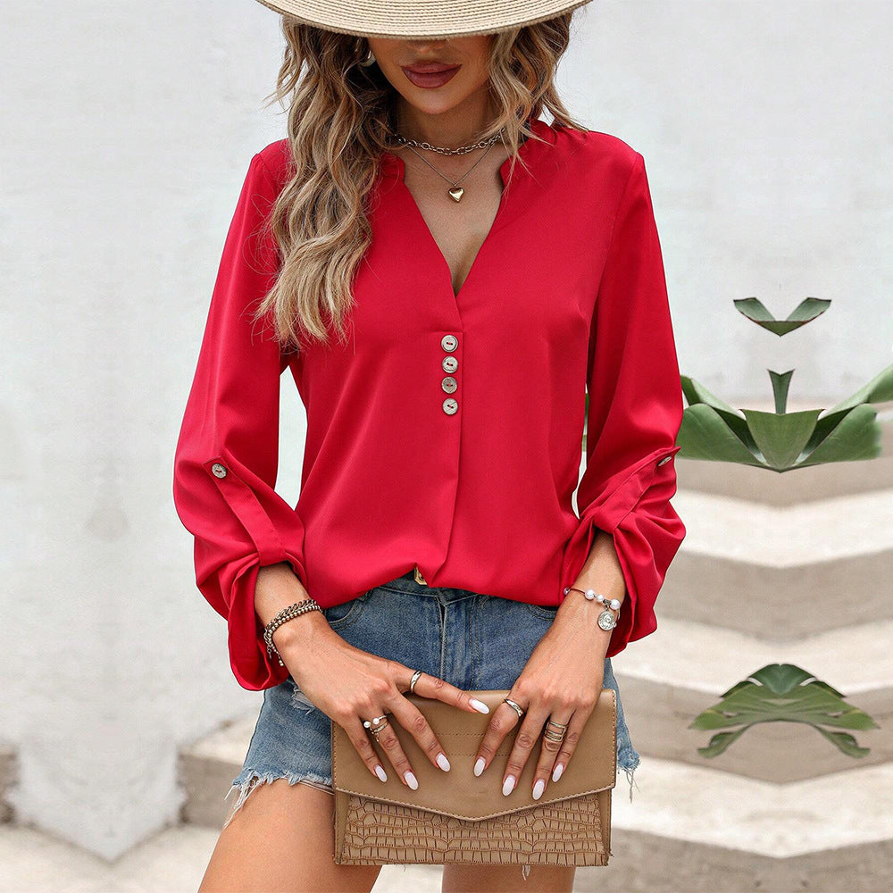 Damen Bluse V-Ausschnitt Knöpfe Elegantes Design
