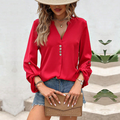 Damen Bluse V-Ausschnitt Knöpfe Elegantes Design