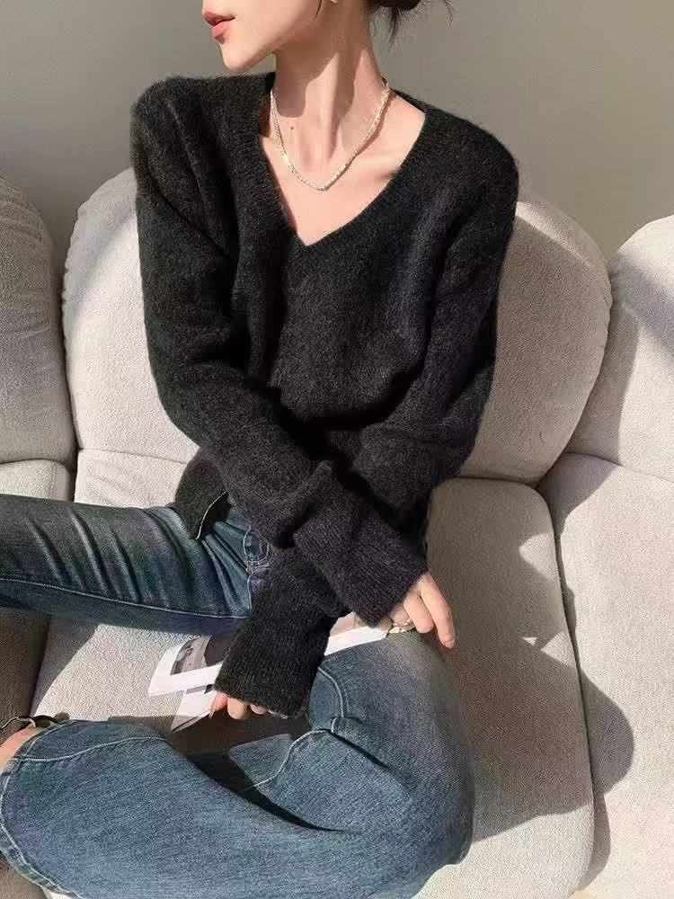 Damen Strickjacke V-Ausschnitt Reißverschluss Eveloria