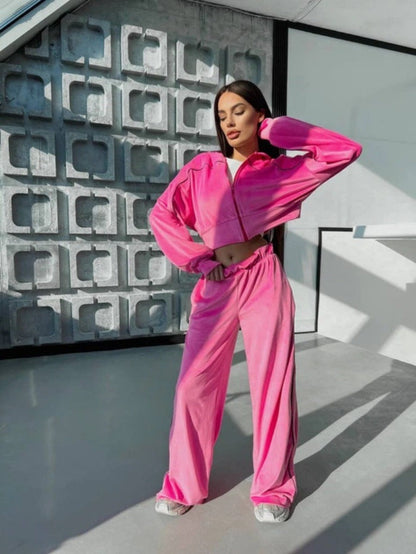 Damen Velours Loungewear Set Kurz Hoodie Weites Bein