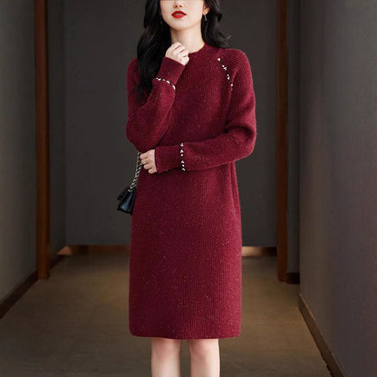 Damen Strickkleid mit Perlenakzent Elegantes Damenkleid