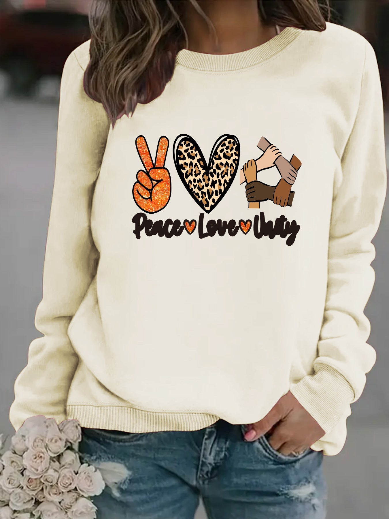 Damen Sweatshirt Peace Love Unity Motiv Eveloria