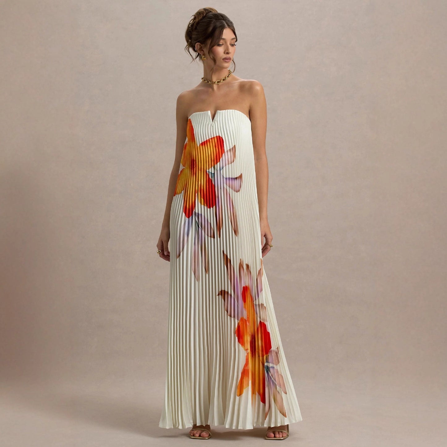 Damen Plisseekleid Trägerlos Floralmuster Eveloria