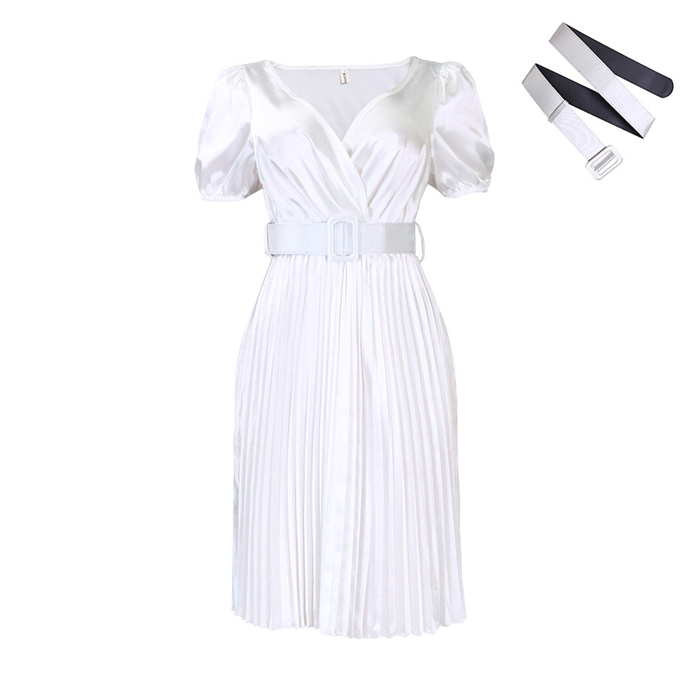 Damen Plissee-Kleid mit Gürtel und Puffärmeln Eveloria