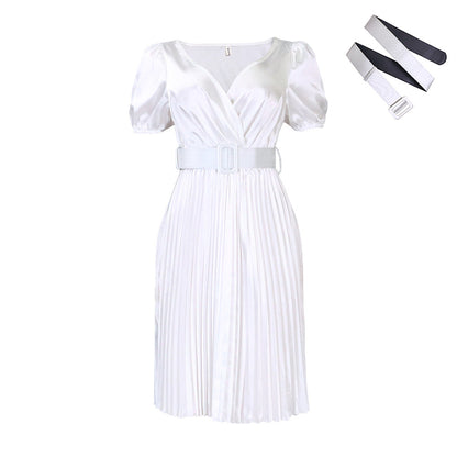 Damen Plissee-Kleid mit Gürtel und Puffärmeln Eveloria