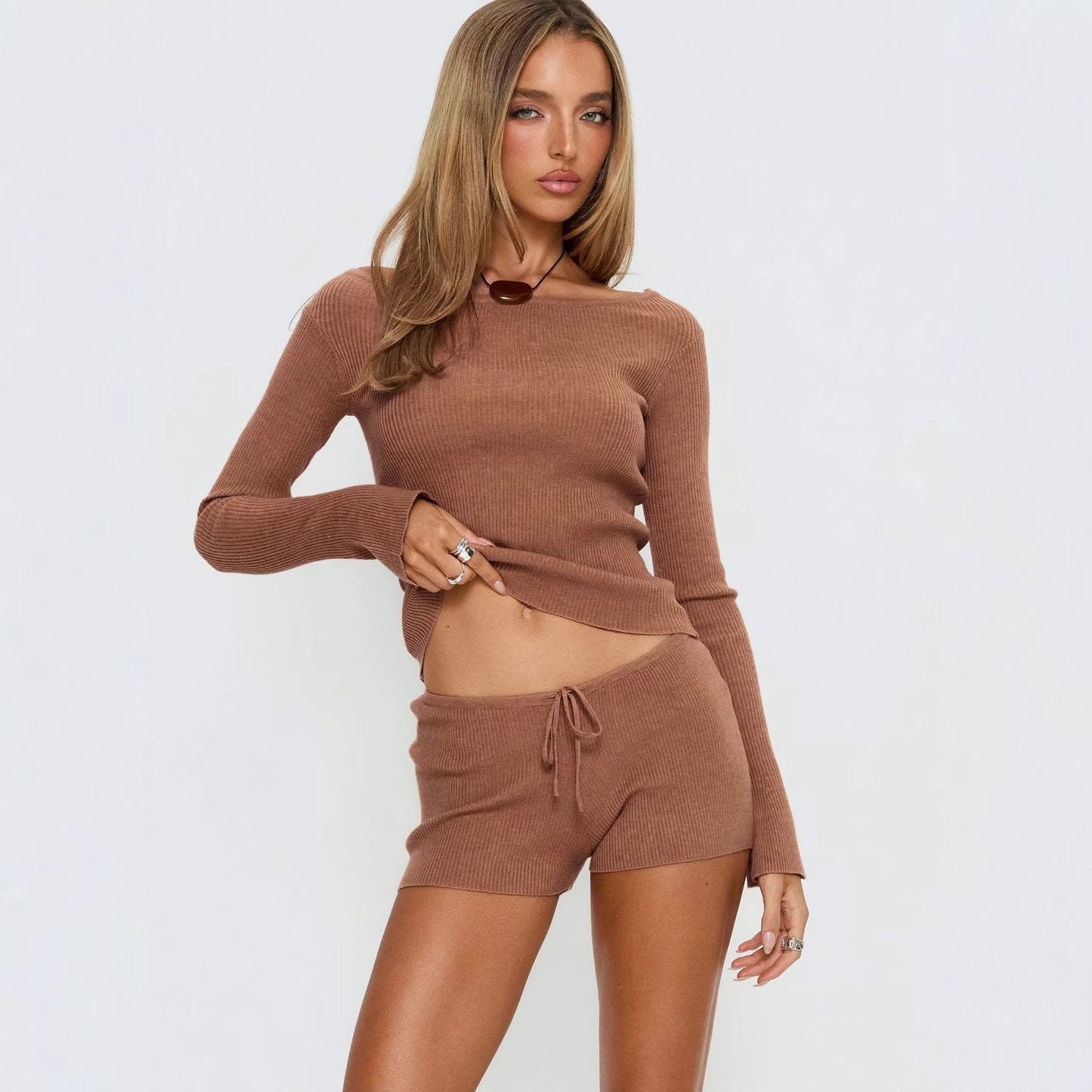Damen Rippstrick Loungewear-Set Weiches Oberteil Shorts