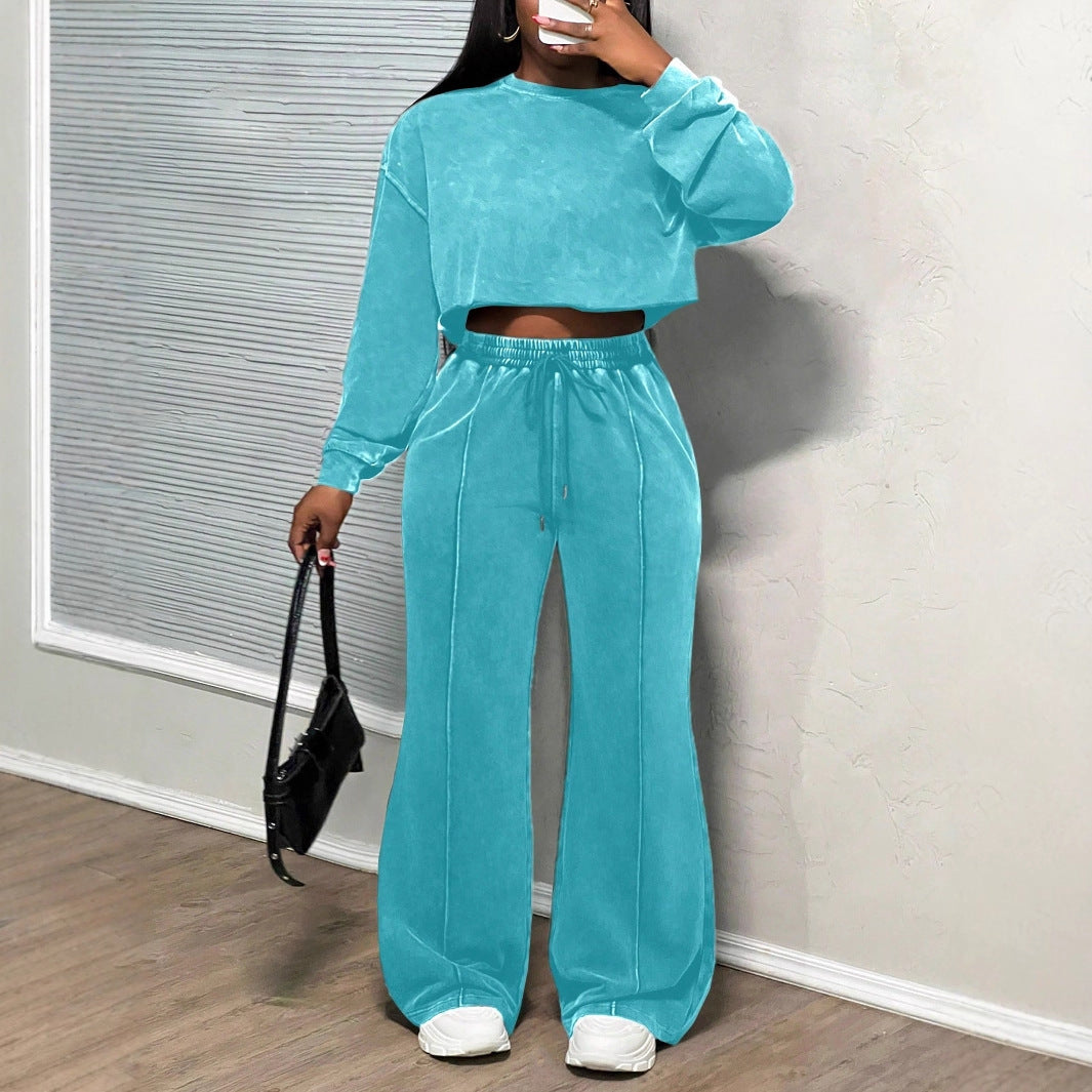 Damen Cropped Loungewear-Set Weites Hosenbein Hochwerder Bund Eveloria