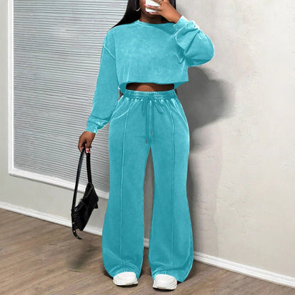 Damen Cropped Loungewear-Set Weites Hosenbein Hochwerder Bund Eveloria