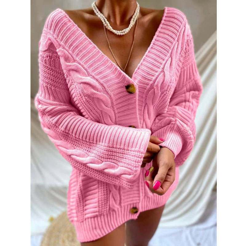 Damen Grobstrick Cardigan Voluminöse Ärmel Große Knöpfe Eveloria