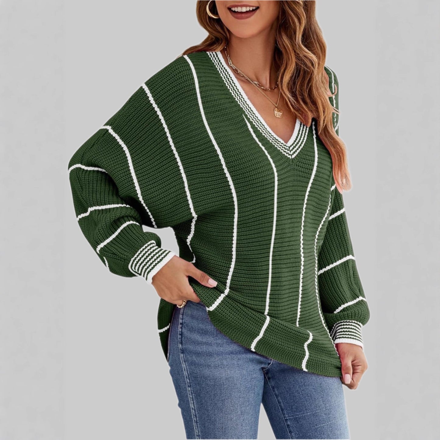 Damen Pullover V-Ausschnitt Streifen Design