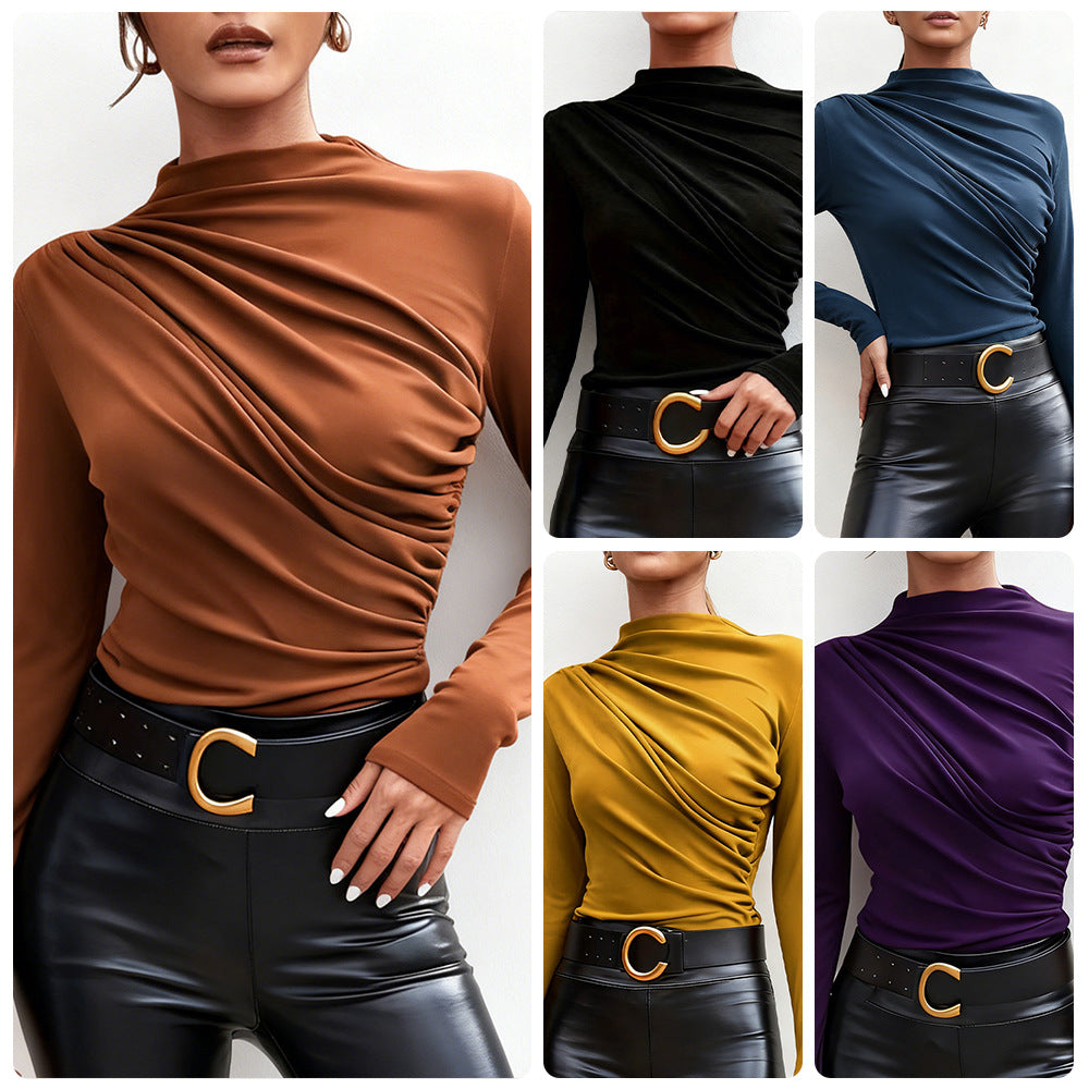Damen Langarmshirt Stehkragen -Drapierung Elegantes Design Eveloria - Eveloria