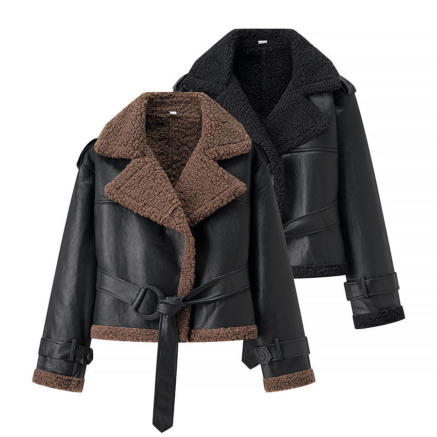 Damen Kunstlederjacke Teddyfutter Bindegürtel Schwarz - Eveloria