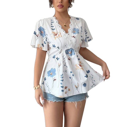 Damen Blusenshirt Floralmuster Spitzenakzent Eveloria