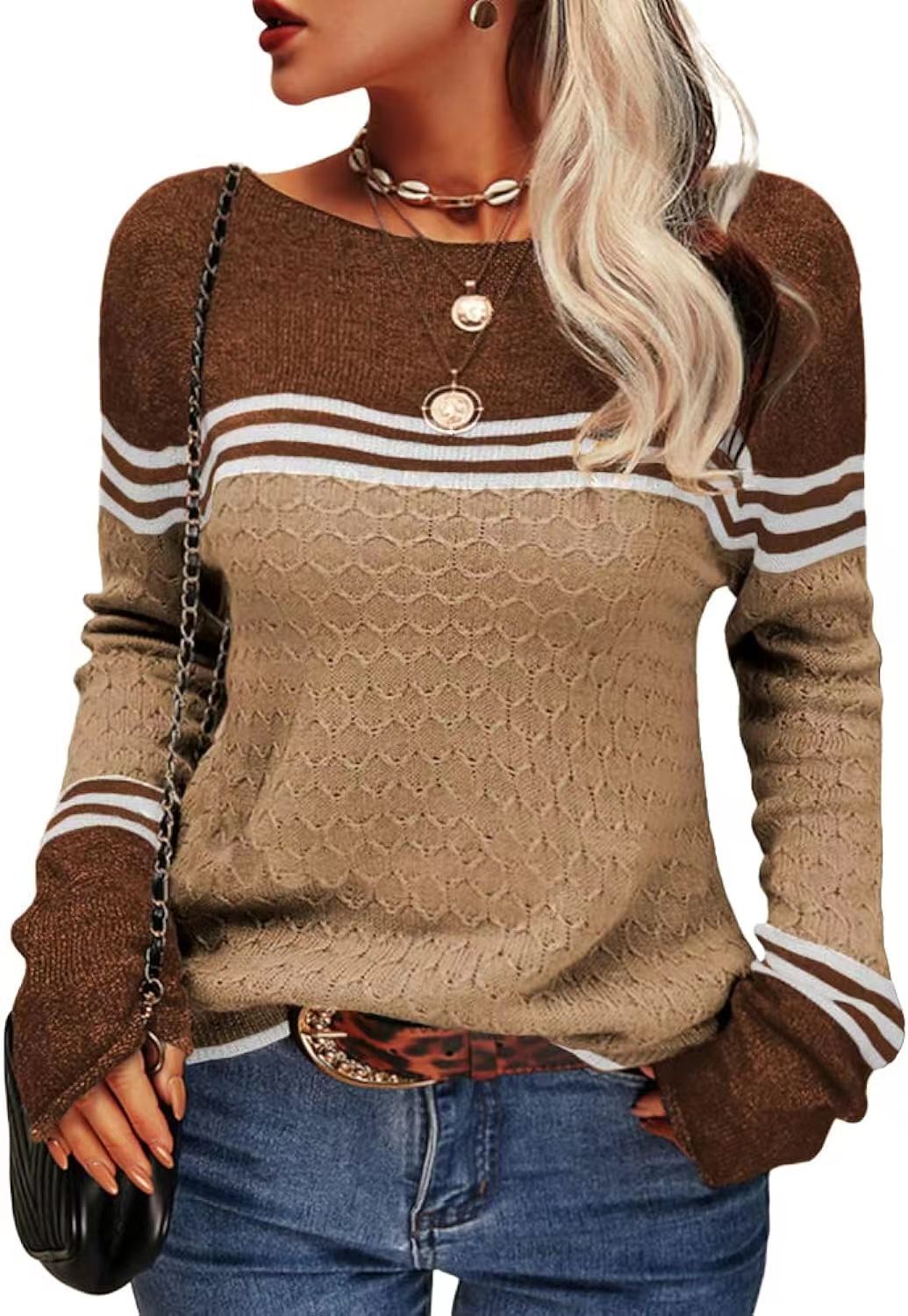 Damen Strickpullover Kontrastfarben Einzigartige Textur Grau