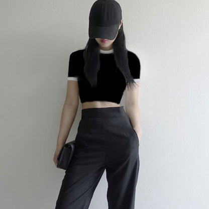 Damen T-Shirt Cropped Baumwolle Lässiger Schnitt Kontrastärmele