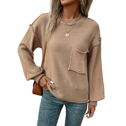 Damen Strickpullover mit Brusttasche und Details Beige