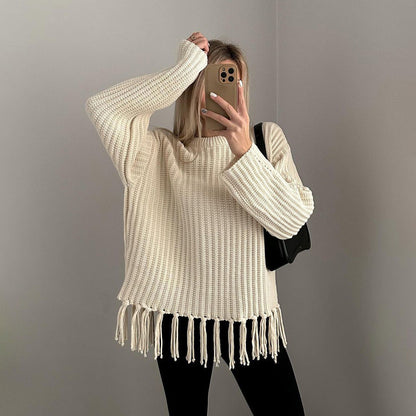 Damen Strickpullover mit Fransen Gemütlich Eveloria