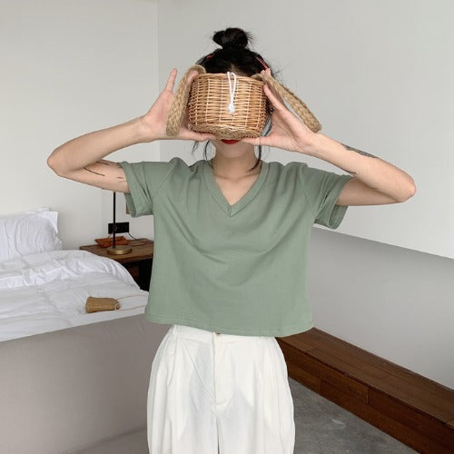 Damen T-Shirt Kurzarm V-Ausschnitt Lässig