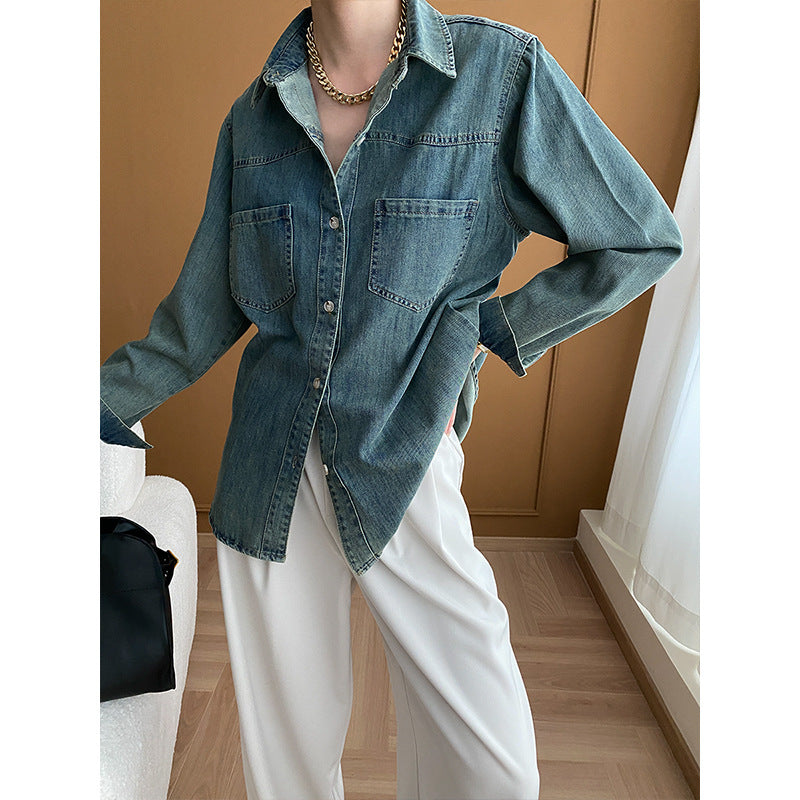 Damen Jeanshemd Lässiger Schnitt Blau