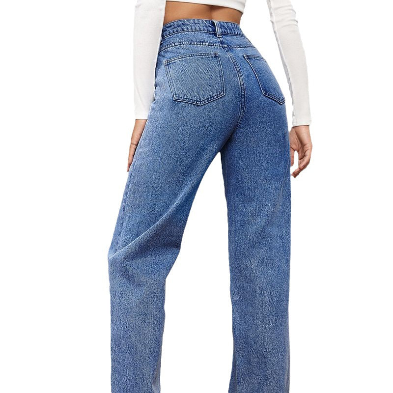 Damen High-Waist Jeans Weit Bequem Blau Eveloria