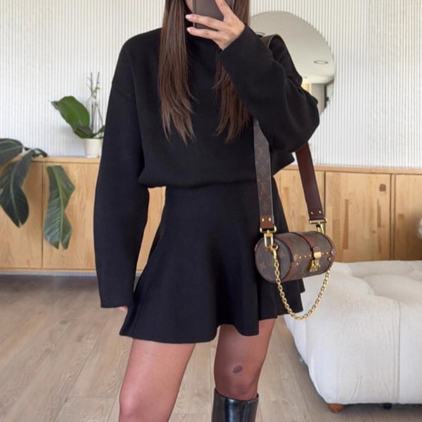 Damen Strickkleid mit Kapuze Grau