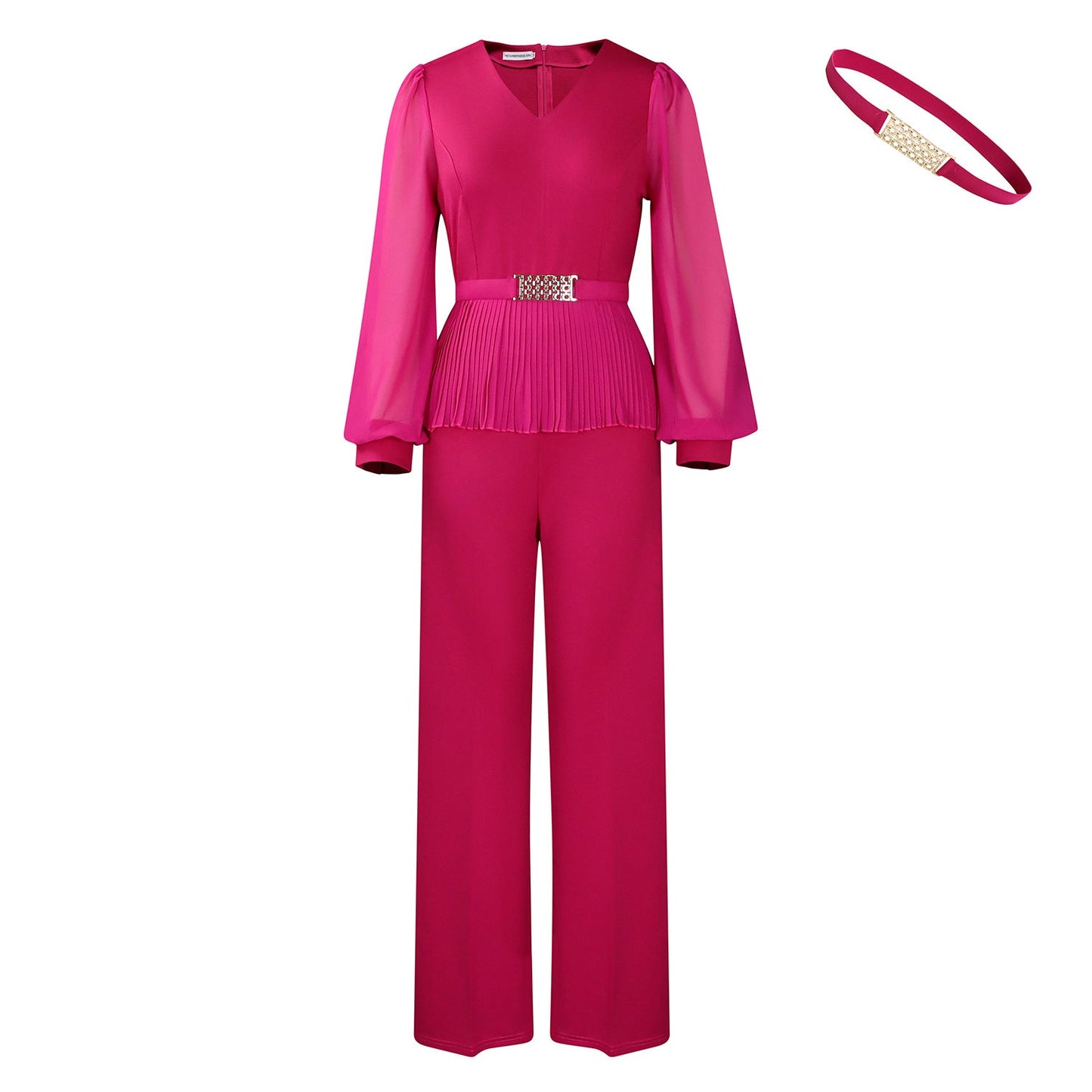 Damen Plissee-Jumpsuit Tailliert Langer Ärmel Eveloria