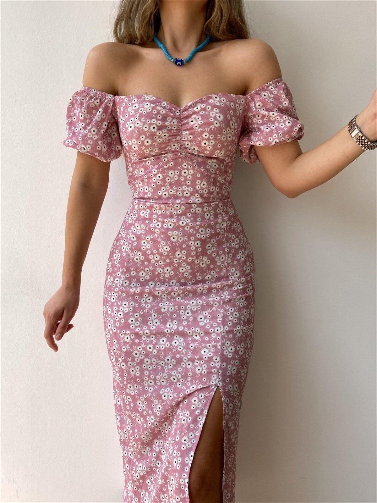 Damen Maxikleid Figurbetont Puffärmel Floralmuster