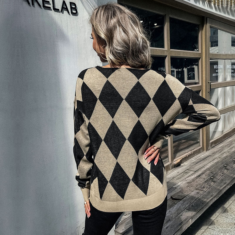 Damen Strickpullover Rautenmuster Hoher Kragen Eveloria