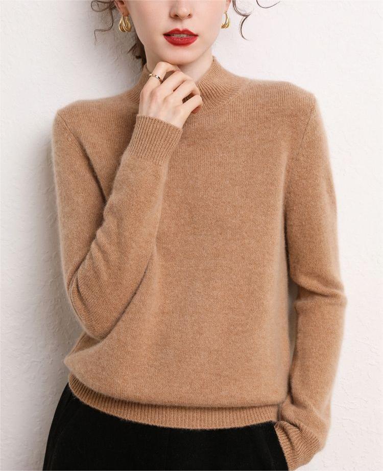 Damen Pullover Kaschmir Optik Stehkragen Schmale Ärmel