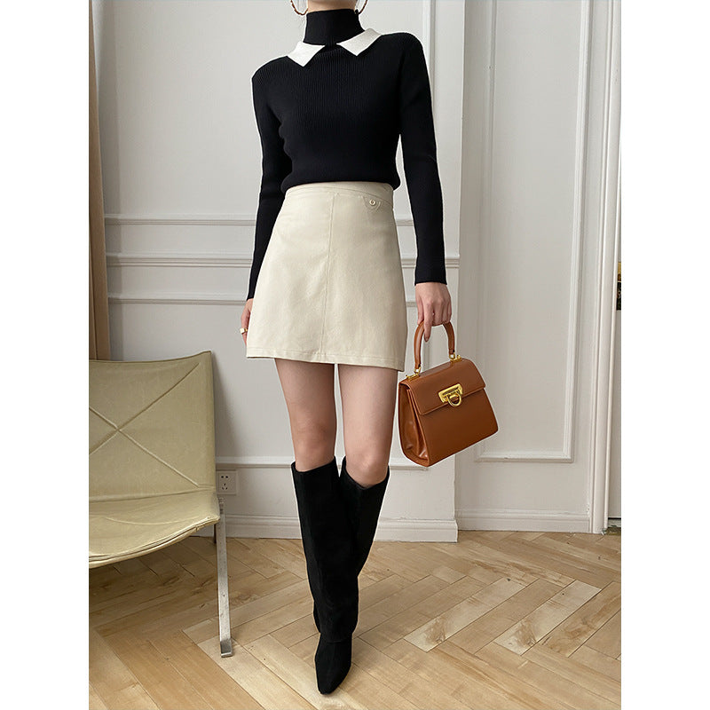 Damen Strickpullover Stehkragen Kontrastkragen Eveloria
