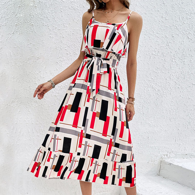 Damen Midi-Kleid Grafisches Design Taillengürtel Eveloria