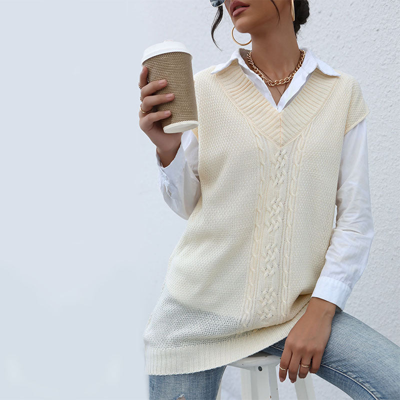 Damen Strickweste V-Ausschnitt Zopfmuster Beige