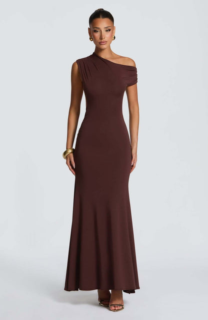 Damen Maxikleid Asymmetrisch Schulterfrei Eveloria