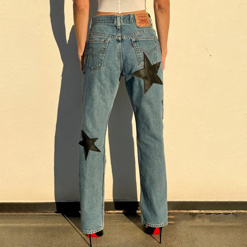 Damen Jeans Modisch Sternen Applikationen Blau Eveloria