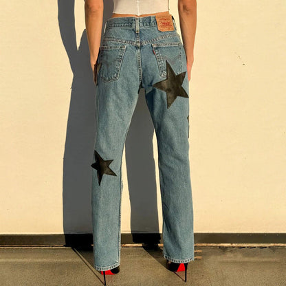 Damen Jeans Modisch Sternen Applikationen Blau Eveloria