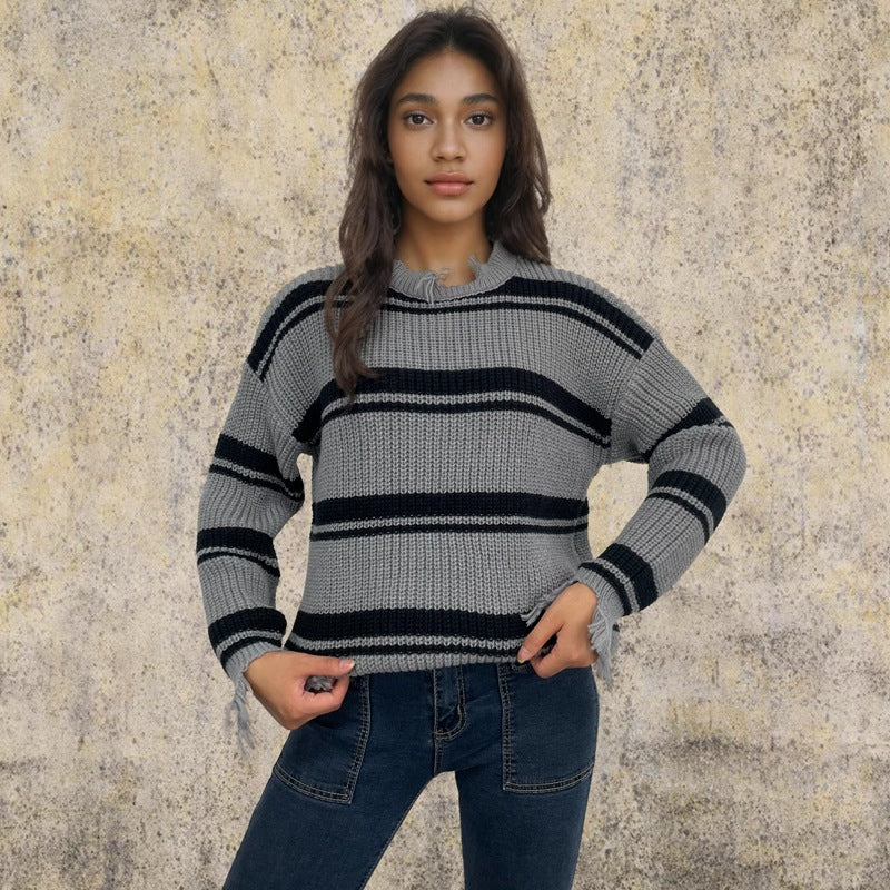 Damen Oversized Strickpullover Streifenmuster Fransen